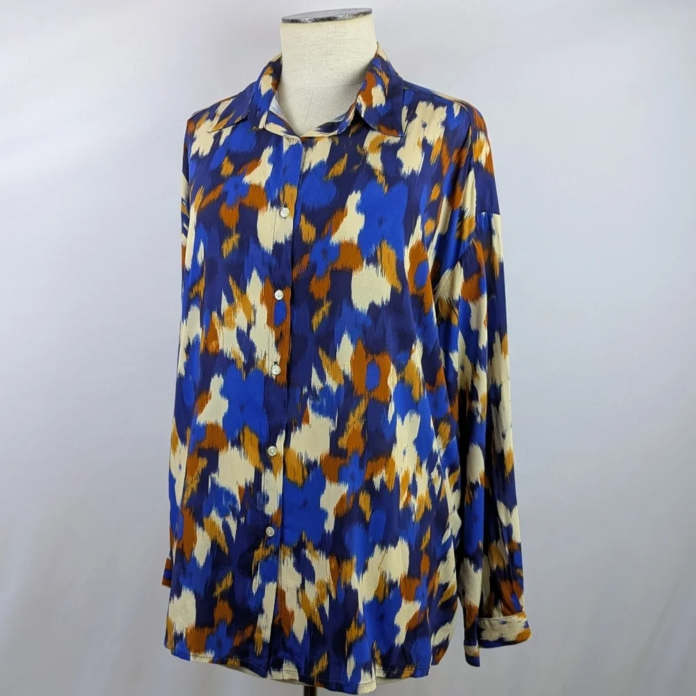 ANNA KAY Button Front Blouse Top Long Sleeve Spread Collar Abstract Print Blue L - Picture 9 of 11
